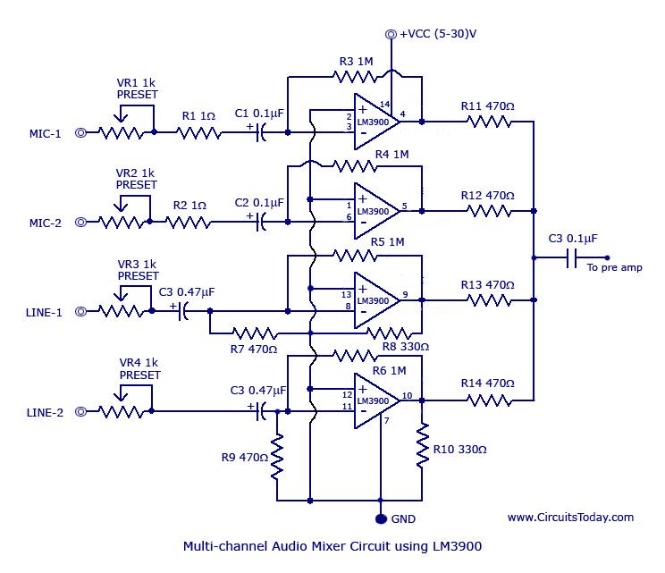 http://www.circuitstoday.com/wp-content/uploads/2011/07/Multi-channel-audio-mixer-circuit.jpg
